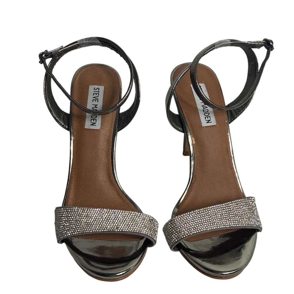 Steve Madden Stecy-R Rhinestone Metallic Pewter Ankle Strap Stiletto Heels 9M